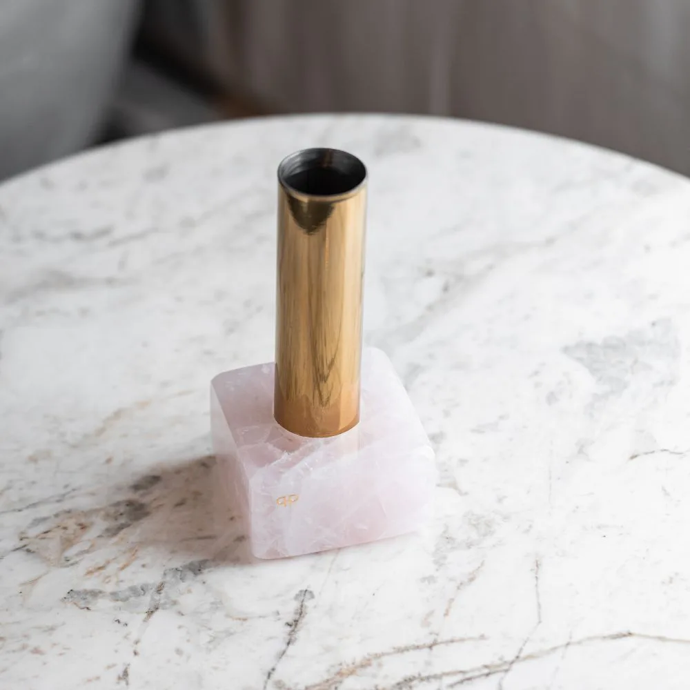 Vaso Solitário Dourado Quartzo Rosa - Imagem 2
